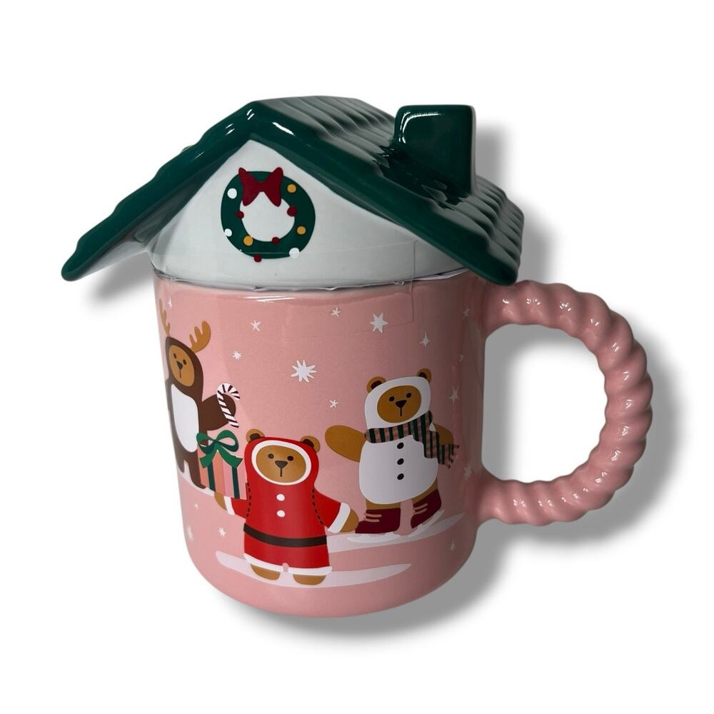 Starbucks Christmas 2025 Pink Gingerbread House Ceramic Mug Roof Lid Bears